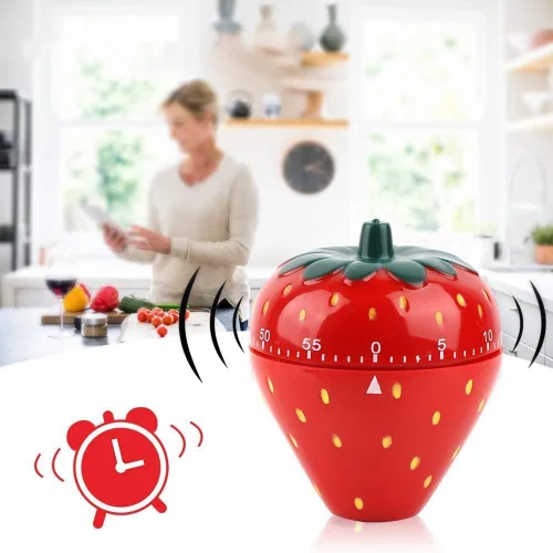 Vista 3 de Lindo temporizador de cocina de frutas, temporizador en forma de fresa, tiempo mecánico de dibujos animados, cuerda mecánica de fresa