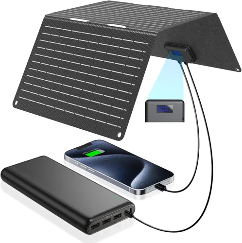 Vista 11 de Ecosonique - Cargador de paneles solares plegables portátiles de 60 W, carga rápida con USB-C PD3.0 USB-A QC3.0 DC 18V Salida ETFE Revestimiento