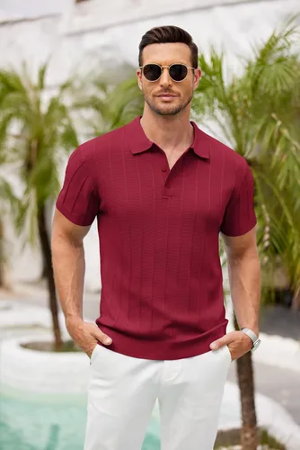 Vista 67 de COOFANDY Camisas polo de punto para hombre de manga corta con textura acanalada Camisas de golf casuales y ligeras con cuello Camiseta de polo