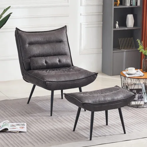 Vista 2 de MCombo Wingback - Silla decorativa con otomana, moderna tela bronceadora tapizada para espacios pequeños, sala de estar 4400 (gris oscuro)