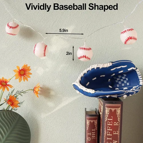 Vista 3 de Yayfazy Luces de Cadena de Decoraciones de Béisbol, Temporizador que Funciona con Pilas 6.5 pies 10LED Decoración de Habitación, Adornos de Béisbol
