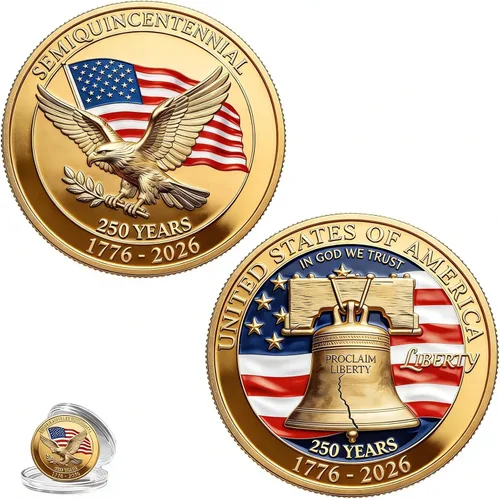 Vista 13 de Moneda del 250 aniversario de Estados Unidos 1776-2026 Mercancía 3D America 250 para celebración patriótica, regalos del Día de la Independencia