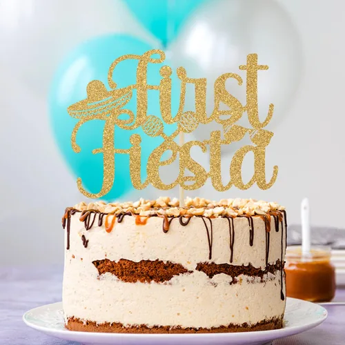 Vista 3 de Decoración para tartas de primera fiesta con purpurina dorada, Uno/Taco Bout One, temática mexicana para el primer cumpleaños del bebé, suministros
