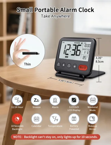 Vista 2 de NOKLEAD Reloj despertador digital de viaje para dormitorio y oficina: pequeño reloj de escritorio LCD con luz de fondo, fecha, temperatura