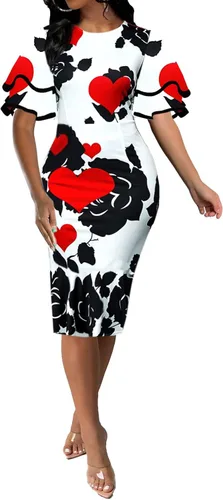 Vista 3 de VisiChenup Vestido sexy para mujer, cuello redondo, elegante, manga larga, volantes, estilo lápiz, traje de negocios, vestidos africanos casuales