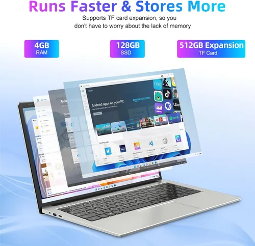 Vista 2 de Computadora portátil de 15.6 pulgadas, 4 GB DDR4 128 GB SSD, computadora portátil con procesador Intel Celeron Quad Core, gráficos Intel UHD 600