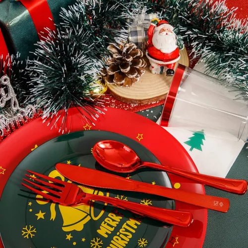 Vista 2 de WDF 175 piezas de platos de Navidad de plástico desechables - 25 platos verdes, 25 platos rojos con campanas doradas, 75 cubiertos de plástico