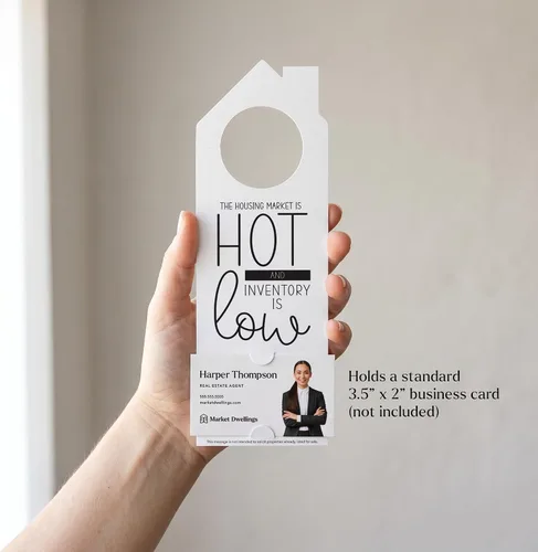 Vista 5 de Real Estate Door Hangers for Agents, The Housing Market Is Hot and Inventory Is Low, 50 Pack with Business Card Slot, 100lb Cardstock, White, Market