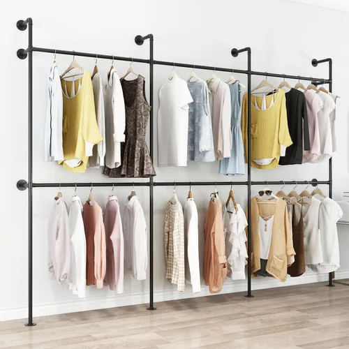 Vista 3 de ORSENIGO Perchero industrial de tubería, perchero de ropa de metal resistente con dobles varillas para colgar ropa, perchero de exhibición de ropa
