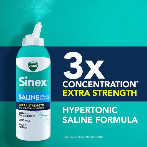 Vista 6 de VICKS Sinex Spray Nasal Salino de Fuerza Extra, Niebla Ultra Fina 3X Concentrada* Sin Medicamentos, Elimina la Mucosidad al Instante, Ultra