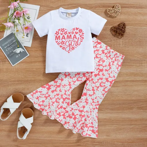 Vista 3 de TBUIALL Ropa de niña para el día de San Valentín, manga corta, camiseta con letras, sin botones, pantalones acampanados, trajes para niños