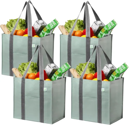 Vista 12 de VENO Paquete de 4 bolsas de comestibles reutilizables de Navidad, bolsas de compras resistentes con asas, para carrito de compras con parte inferior