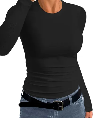 Vista 2 de Afibi Camiseta básica elástica de manga larga acanalada con cuello redondo para mujer