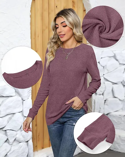 Vista 8 de Ficerd Paquete de 2 sudaderas casuales para mujer, camisas de algodón de manga larga, ajuste holgado, ligeras, cuello redondo, básicas, lindas