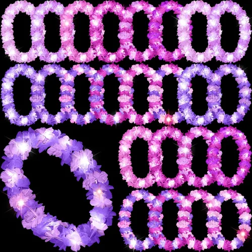 Vista 33 de Sherr 24 piezas de collares de flores hawaianas con luces LED para boda, luces LED para luau, collares de flores hawaianas para playa, carnaval