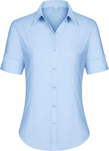 Vista 17 de siliteelon Camisas de vestir de manga corta con botones para mujer, camisas de algodón con botones para mujer, blusa ajustada de manga 3/4