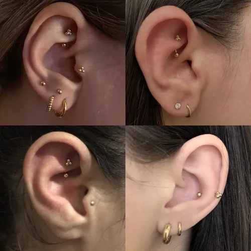 Vista 3 de ANYGOLDS 14K Solid Gold Floral Trinity Curved Barbell Earring - 16gauge Eyebrow, Cartilage, Daith & Helix Piercing Jewelry - Tragus, Conch, Rook &