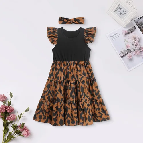 Vista 3 de AWIBMK Mommy and Me - Vestidos a juego con volantes de leopardo, sin mangas, para verano, playa, mamá, hija, trajes a juego con diadema, 2