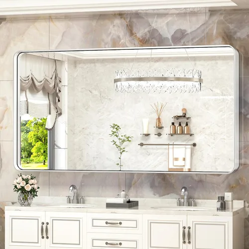 Vista 100 de TokeShimi Espejo de pared de baño de níquel cepillado de 20 x 30 pulgadas, marco de metal, esquina redonda, rectangular, para decoración del hogar