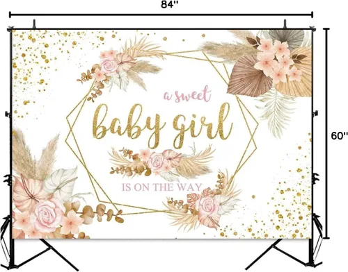 Vista 8 de Sensfun Telón de fondo bohemio para baby shower con texto en inglés "It's A Girl", fondo de fotografía de baby shower, rosa rubor, floral, hierba