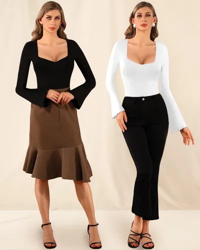 Vista 5 de MANGOPOP Women's Sexy Square Neck Bodysuits Long Sleeve Fashion Basic Slim Tops