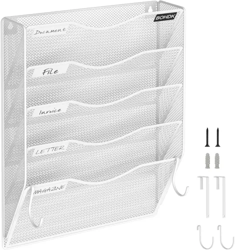 Vista 8 de BOHDK Organizador de Archivos de Pared, Carpeta de Archivos Colgante de 3 Niveles, Organizador de Correo Vertical de Malla Metálica