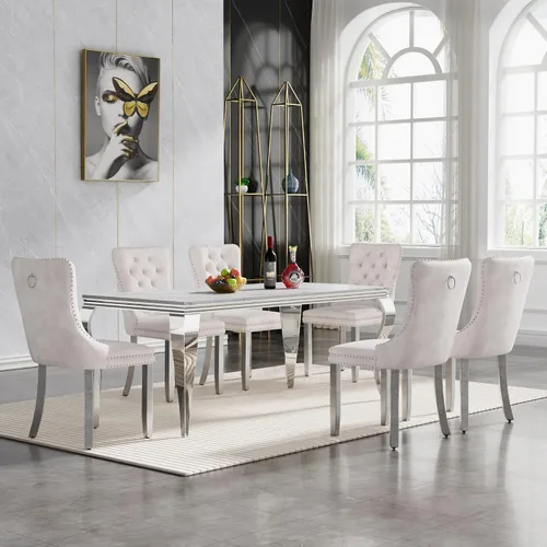Vista 74 de HomVent Juego de mesa de comedor moderna de mármol sintético para 4 personas, mesa de cocina rectangular con 4 sillas beige (dorado)