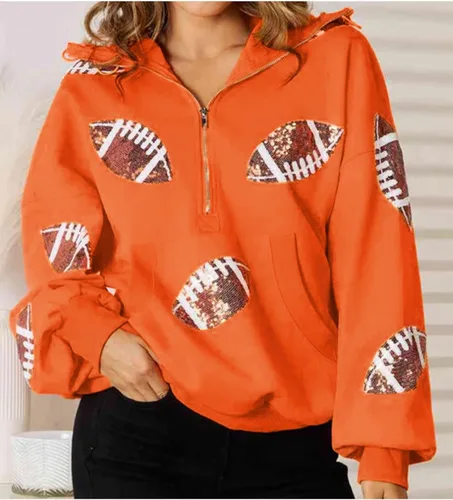 Vista 12 de SeekMe Sudaderas con capucha de lentejuelas para mujer, para el día del partido, suéteres de manga larga con cremallera y bolsillo