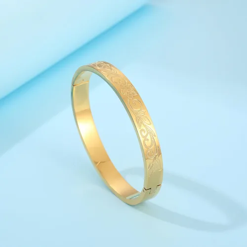 Vista 6 de Pulsera de acero inoxidable para mujer con flor de la vida grabada en oro, Acero inoxidable, No es una piedra preciosa