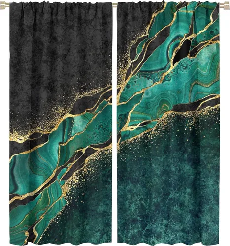Vista 75 de Cortinas abstractas de mármol de lujo de lujo azul marino dorado a rayas con patrón de mármol estampado para dormitorio, sala de estar, cortinas