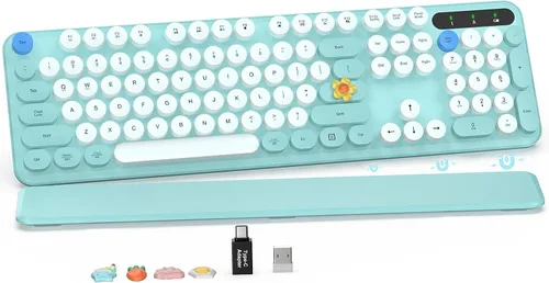 Vista 15 de Combo de teclado y mouse inalámbricos con reposamuñecas magnético, teclas redondas, teclado retro de tamaño completo, patas inclinables de dos Azul