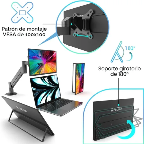 Vista 6 de Kado Monitor portátil de 15.6 pulgadas FHD 1080p, carga inversa de 45 W, USB-C mini-HDMI, monitor para juegos, pantalla IPS altavoces integrados