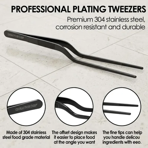 Vista 2 de CREATIVECHEF Pinzas multifunción curvadas de acero inoxidable de 8 pulgadas para cocina de precisión (curvadas, negras)