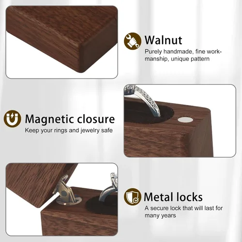 Vista 3 de Caja de madera para anillos de compromiso para propuesta, regalo para el día de la boda, caja de almacenamiento de anillo de regalo de compromiso