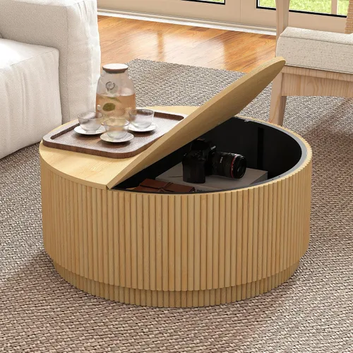 Vista 11 de Mesa de café redonda de 31.5", Mesa de centro moderna con acento acanalado y marco de metal, mesas de café de madera redondas para sala de estar
