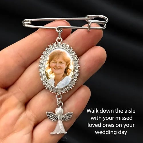 Vista 6 de Encanto de foto simple para ramo de boda, recuerdo conmemorativo con diamantes de imitación, pin de boutonniere, regalo conmemorativo para madre