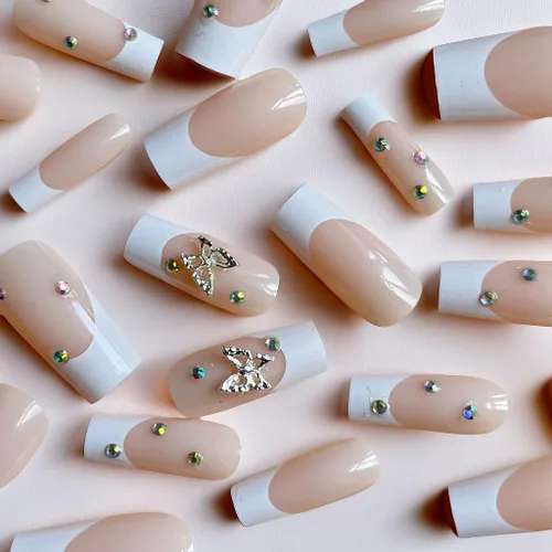 Vista 2 de Uñas postizas a presión con punta francesa blanca, uñas postizas largas cuadradas 3D con diamantes de imitación, uñas acrílicas nude, cobertura