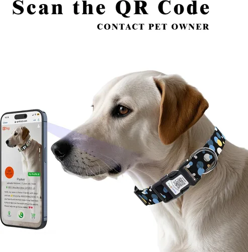Vista 2 de Collares de perro para perros pequeños, collar de perro con etiqueta de nombre de código QR, material de poliéster suave, collar ajustable