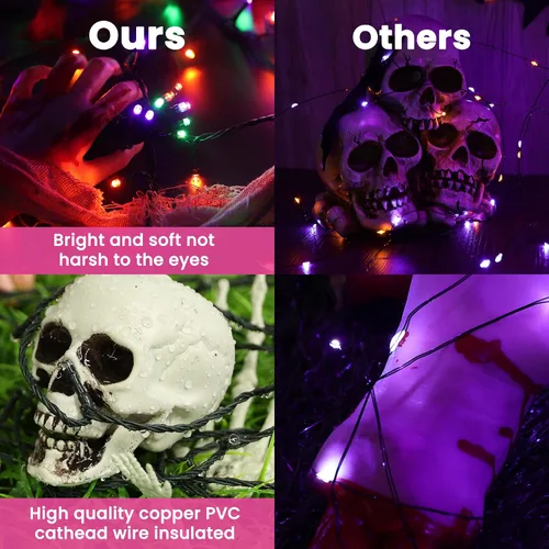 Vista 6 de Luces de Halloween - Tira de luces naranjas, verdes y moradas con 8 modos, guirnalda resistente al agua de 82 pies con 200 luces LED para decoración