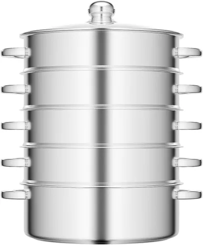 Vista 11 de Olla grande de acero inoxidable de 5 niveles, vaporizador de alimentos apilable multicapa con tapa de vidrio, para cocinar saludablemente, cocinar