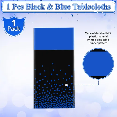 Vista 4 de MASHAN 1 mantel negro y azul para decoración de fiesta, mantel de plástico negro impreso azul, funda rectangular desechable para cumpleaños, boda