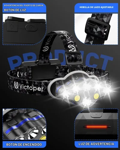 Vista 4 de Victoper - Linterna frontal recargable, 8 LED de 18000 lúmenes con luz roja, linterna frontal USB ligera, impermeable, de 8 modos, equipo para Negro