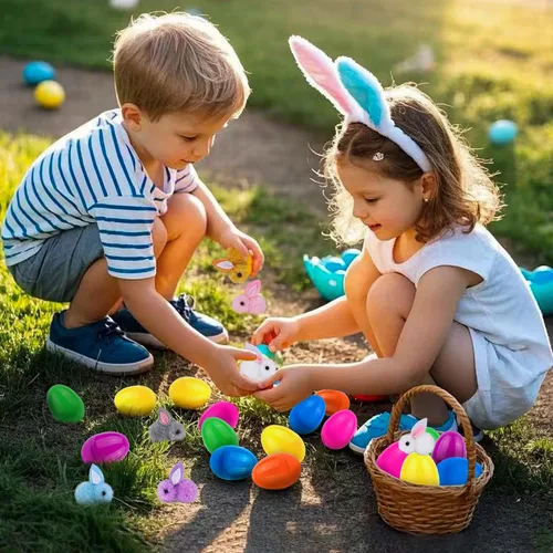 Vista 5 de Paquete de 36 rellenos de huevos de Pascua con peluche de conejo de Pascua, huevos de Pascua con juguetes en el interior, mini animales de peluche