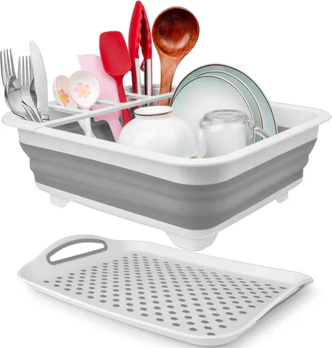 Vista 8 de Escurridor de platos plegable con tubo de tapón de drenaje, escurreplatos portátiles para encimera de cocina, estante plegable para secar platos