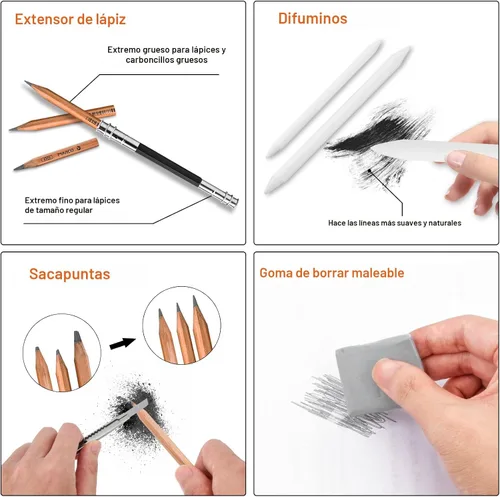 Vista 4 de YunQiDeer Lápices de dibujo, suministros de arte, kit de lápices de boceto para niños y adultos, juego de lápices de arte de grafito de carbón