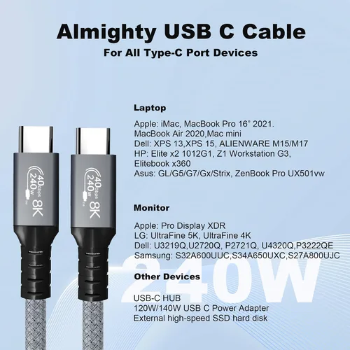 Vista 4 de LanSenSu Cable USB4 de 240 W, 1 pie, transmisión de datos de 40 GBps, carga súper rápida PD de 240 W (48 V5A), extensión HD de 8K a 60 Hz