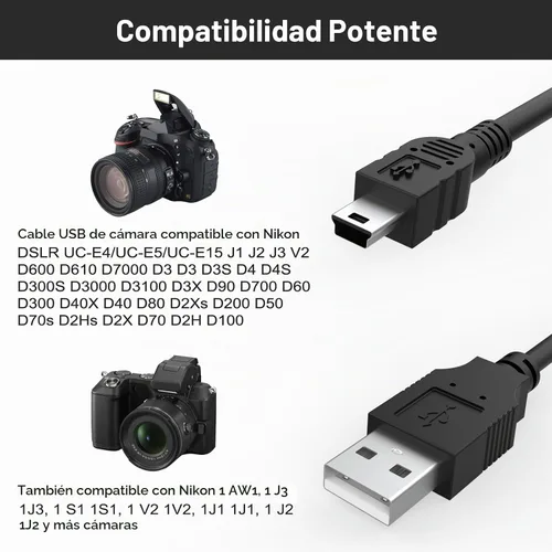 Vista 3 de UC-E4 Cable USB de transferencia de fotos compatible con Nikon D40 D50 D60 D70 D70S D80 D90 D100 D200 D300 D300S D610 D700 D3000 D3100 D7000 D1x D1x