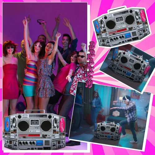 Vista 4 de DoubleFill 3 pies retro 70s 80s 90s fiesta temática discoteca decoración boom box cartón stand up recorte boom box hip hop tema stand up foto prop