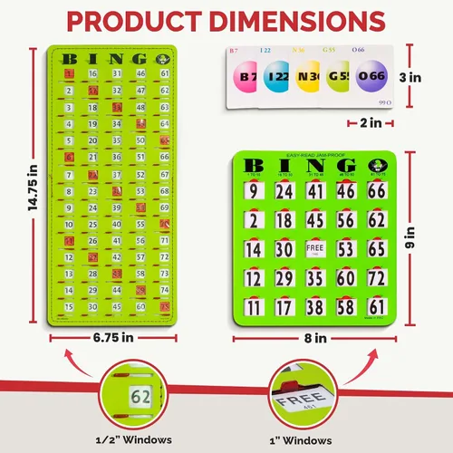 Vista 2 de MR CHIPS Tarjetas de bingo a prueba de atascos con ventanas deslizantes, 25 tarjetas obturadoras reutilizables, 75 llamadas, 1 tablero maestro más
