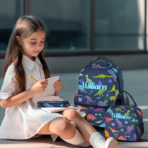 Vista 2 de Mochila de dinosaurio personalizada con lonchera para niños y niñas, juego personalizado de 3 mochilas escolares a juego, bonita bolsa colorida